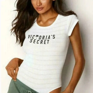 Victoria’s Secret Striped Bodysuit in White with Palm detail size M